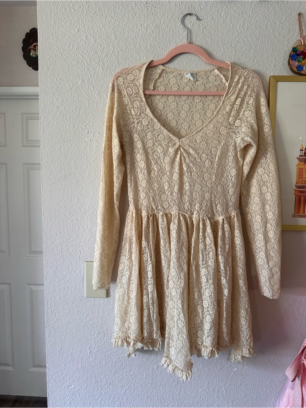 Intimately Free People White Long Sleeve Lace Mini Dress M